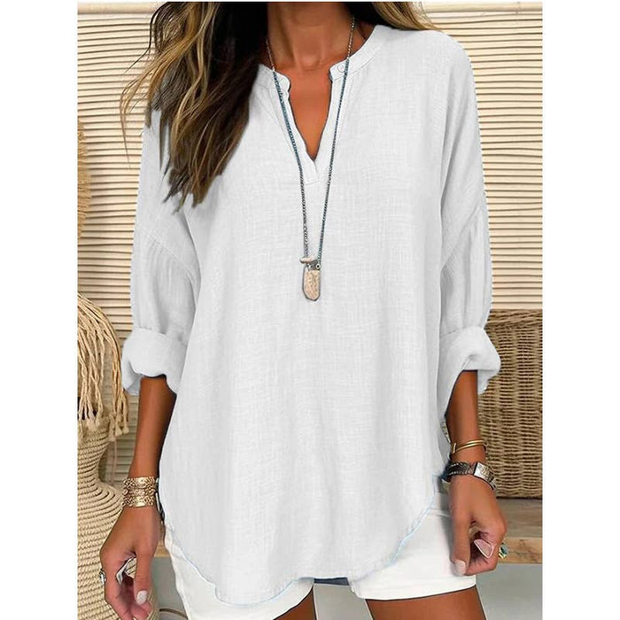 Linen Long Sleeve Casual V Neck Top