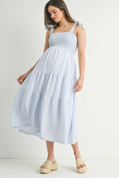 Chambray Striped Ruffle Tiered Maternity Midi Dress