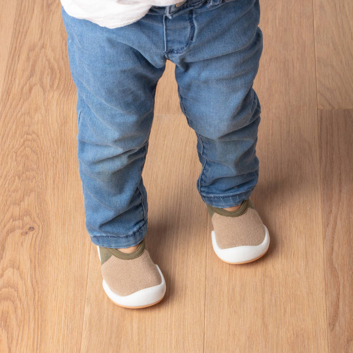 Beige & Olive Color Block Baby Crib Shoes