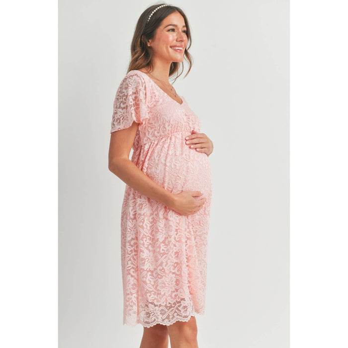 Pink V-Neck Lace Short Sleeve Maternity Dress