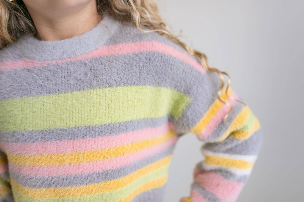 Girls Harper Stripe Fuzzy Crew Neck Fall Winter Sweater