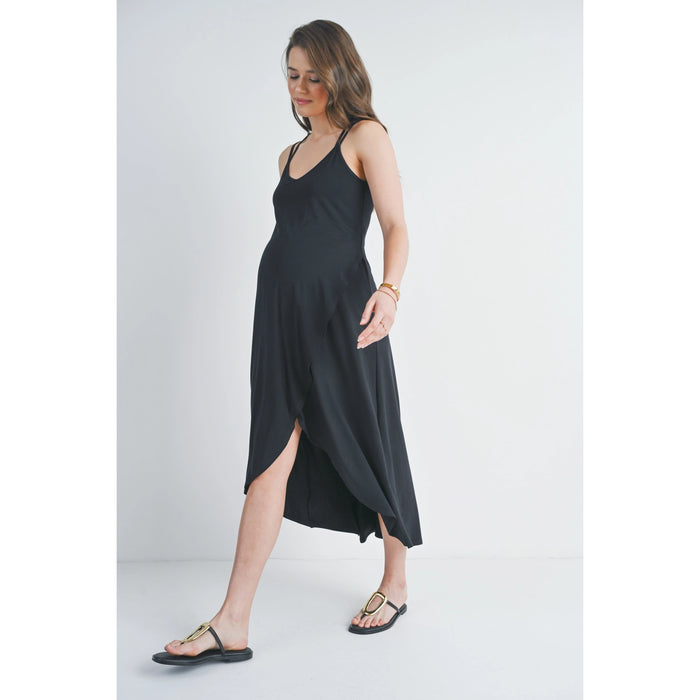 Black Hi-Lo V Neck Sleeveless Maternity Midi Dress