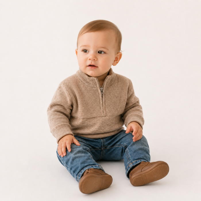 Sand Quarter Zip Infant Sweater