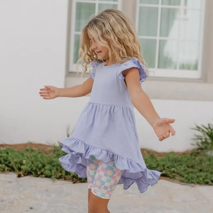 Periwinkle Ruffle Hi-Lo Retro Check Spring Short Set