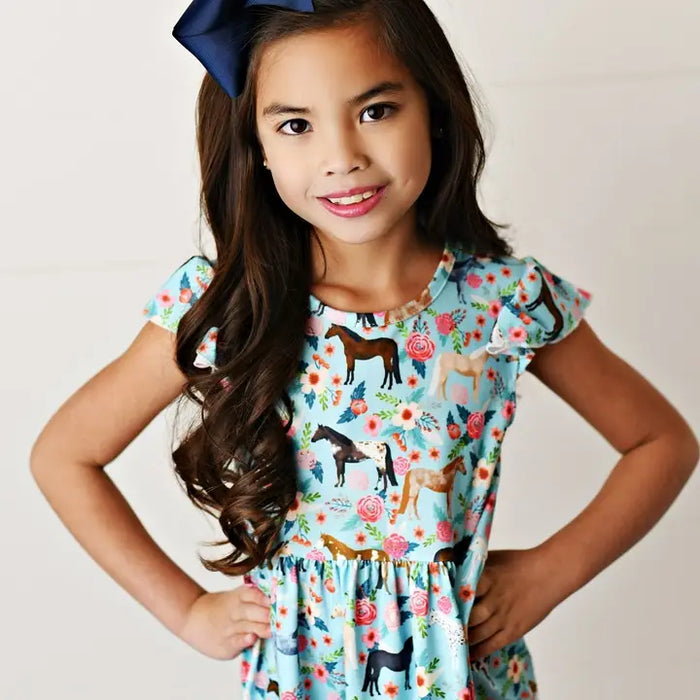 Blue Floral Western Horse Flutter Sleeve Spring Dress