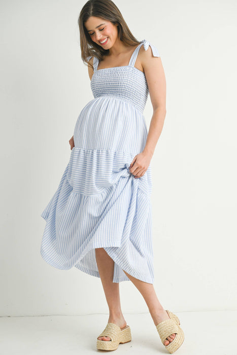 Chambray Striped Ruffle Tiered Maternity Midi Dress