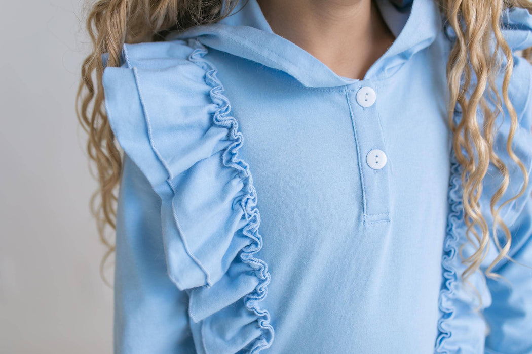Girls Evie Blue Double Ruffle Hoodie & Retro Check Pant Set