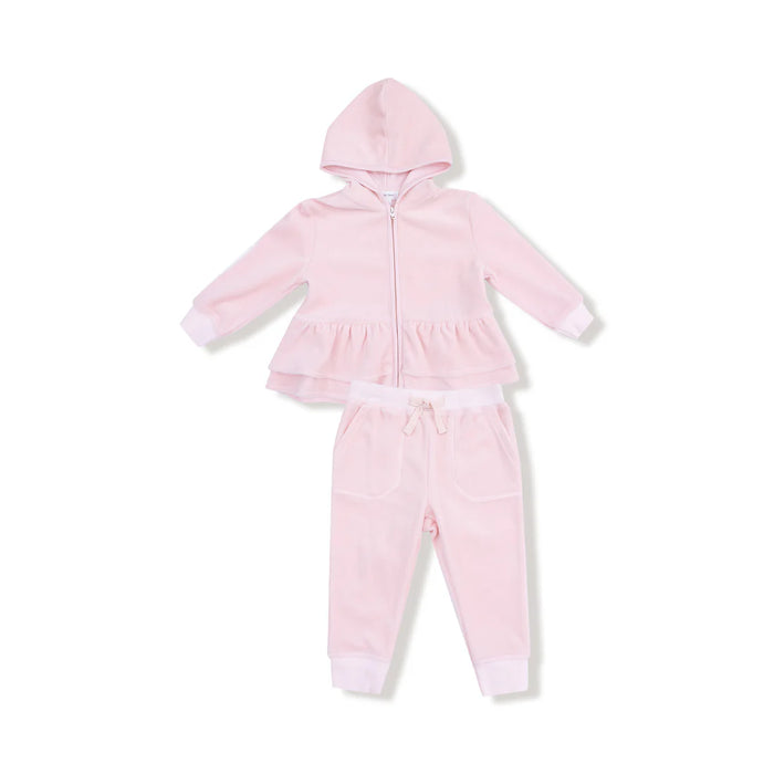 Pink Velour Teddy Bear Zip Peplum Hoodie & Joggers Set