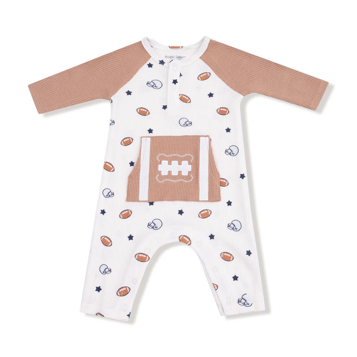 Footballs & Stars Long Sleeve Raglan Henley Romper with Kanga Pocket