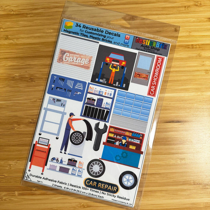 Auto Shop: Reusable Decals for Customizing Magnetic Tiles, Plastic Bricks, and more