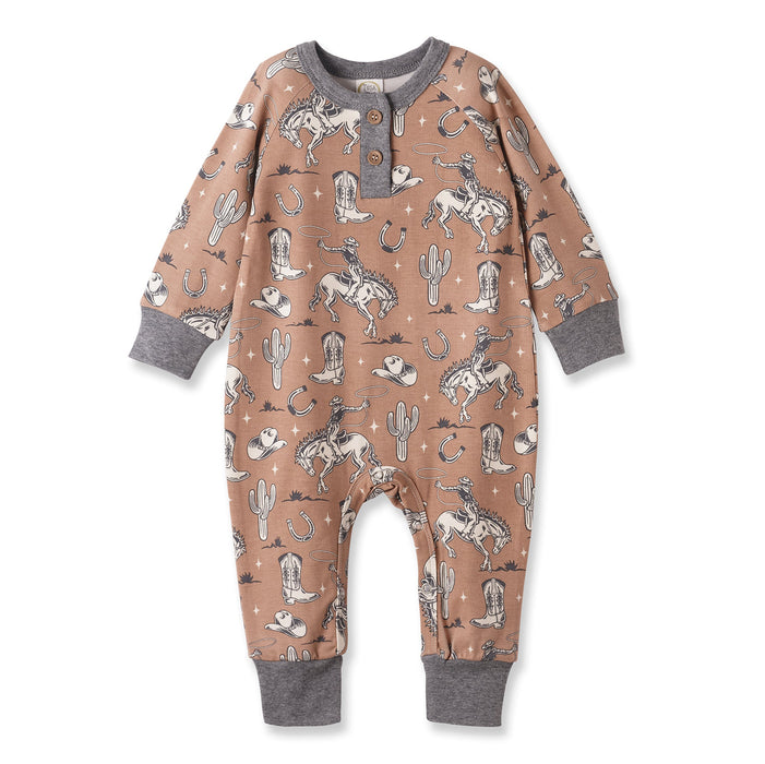 Wild Wrangler/Brown Western Bamboo Henley Romper for Babies - Nature Baby Outfitter