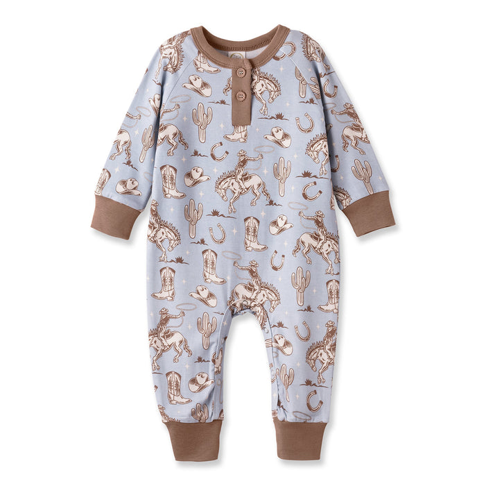 Wild Wrangler/Blue Western Bamboo Henley Cowboy Romper - Nature Baby Outfitter