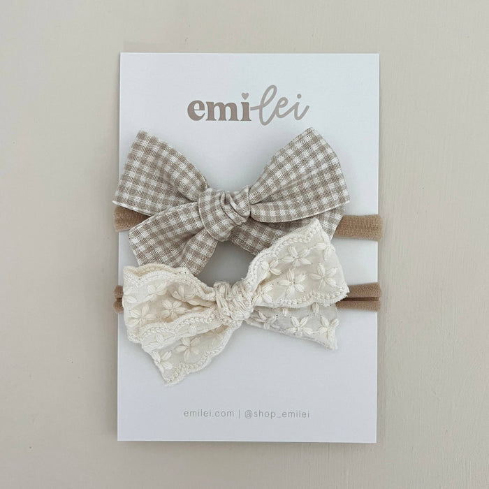 Taupe Mini Check Linen Lace Nylon Stretchy Bow Headband Set