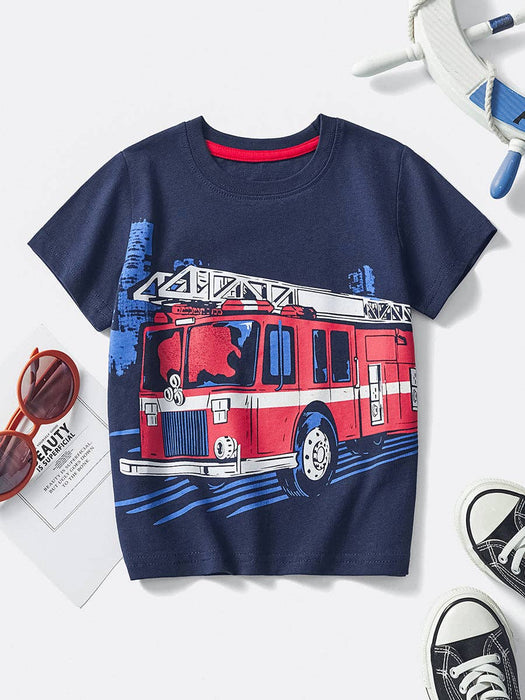 Cartoon Fire Truck Cotton Kids T-Shirt