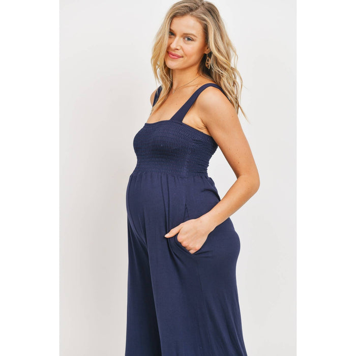 Navy Sleeveless Smocked Maternity Wideleg Jumpsuit