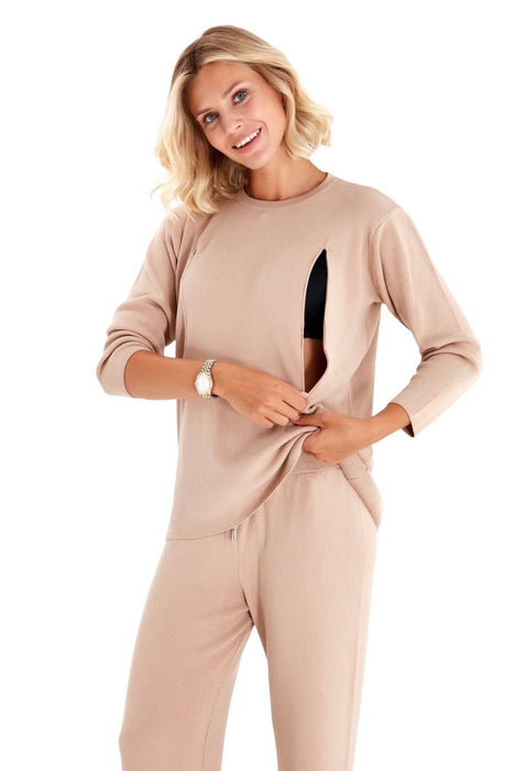 Effortless Elegance Set with Rib Side Zip Long Sleeve Maternity/Nursing Top & Lounge Pants