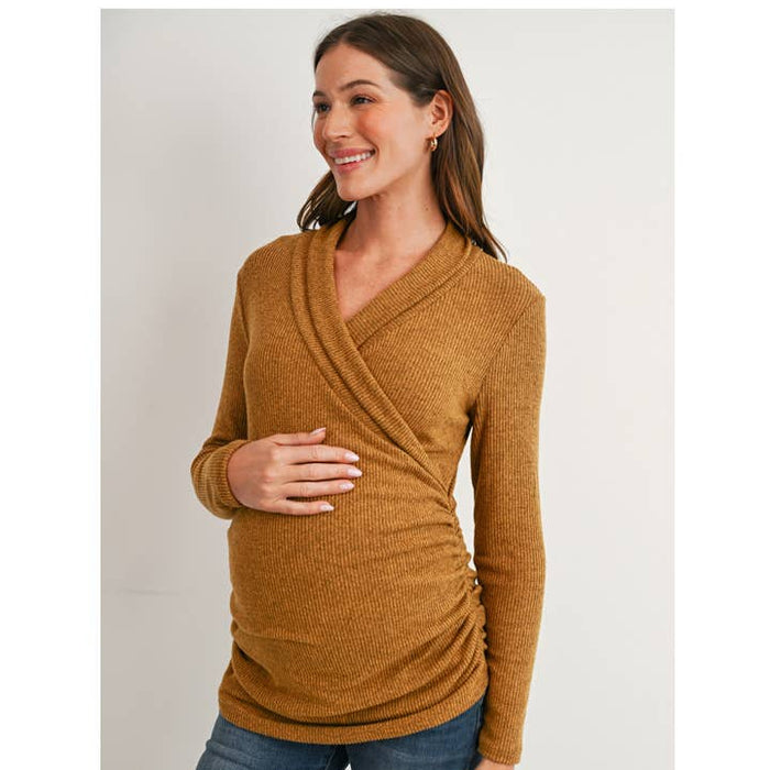 Mustard Maternity & Nursing Ribbed Faux Wrap Long Sleeve Top