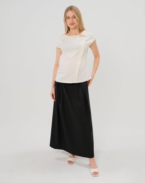 Over-Under Bump Pleated Maternity Maxi Skirt in All-Season Wool Blend - Nature Baby Outfitter