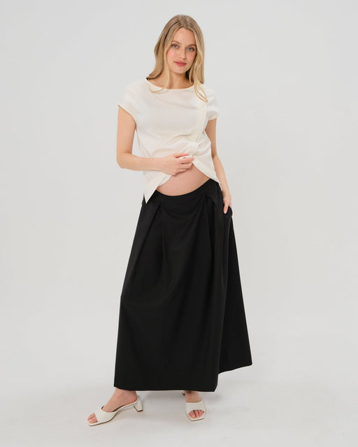 Over-Under Bump Pleated Maternity Maxi Skirt in All-Season Wool Blend - Nature Baby Outfitter