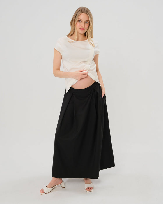 Over-Under Bump Pleated Maternity Maxi Skirt in All-Season Wool Blend - Nature Baby Outfitter