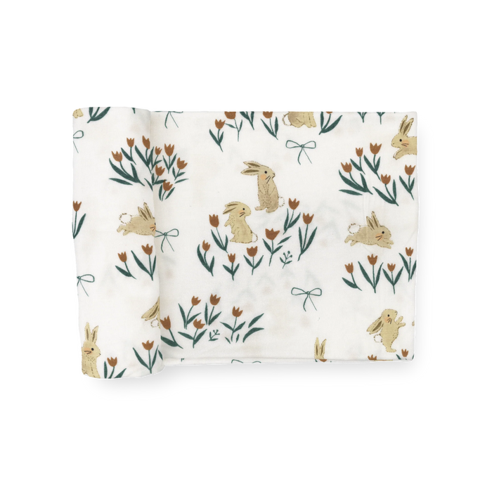 Stretch Knit Swaddle Blanket - Bunnies & Tulips