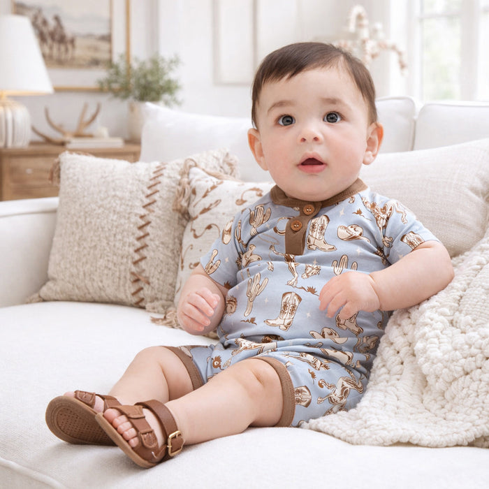 Wild Wrangler/Blue Western Bamboo Shorty Romper for Boys - Nature Baby Outfitter