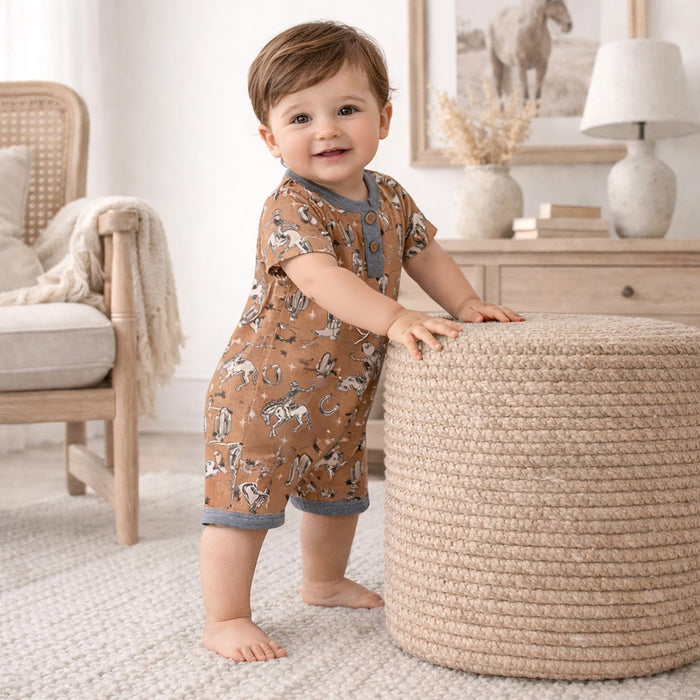 Wild Wrangler/Brown Western Bamboo Shorty Romper for Boys - Nature Baby Outfitter