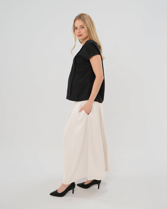 Over-Under Bump Pleated Maternity Maxi Skirt in Cream Satin - Nature Baby Outfitter
