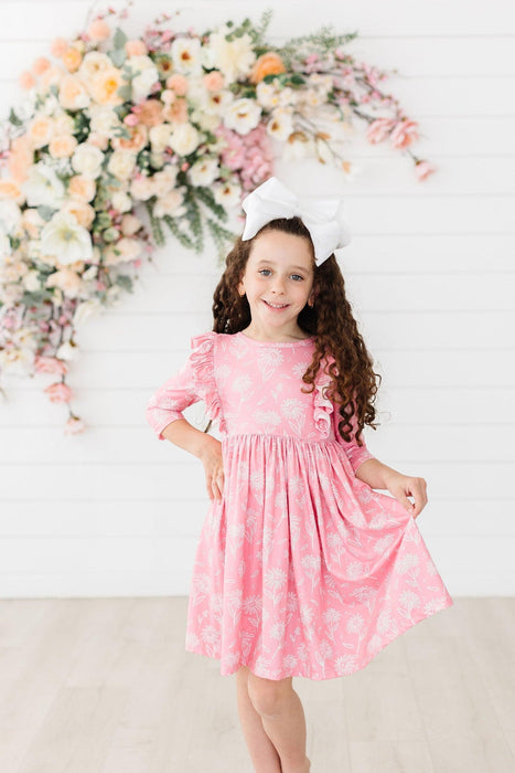 Dahlia Doodles 3/4 Sleeve Ruffle Twirl Dress