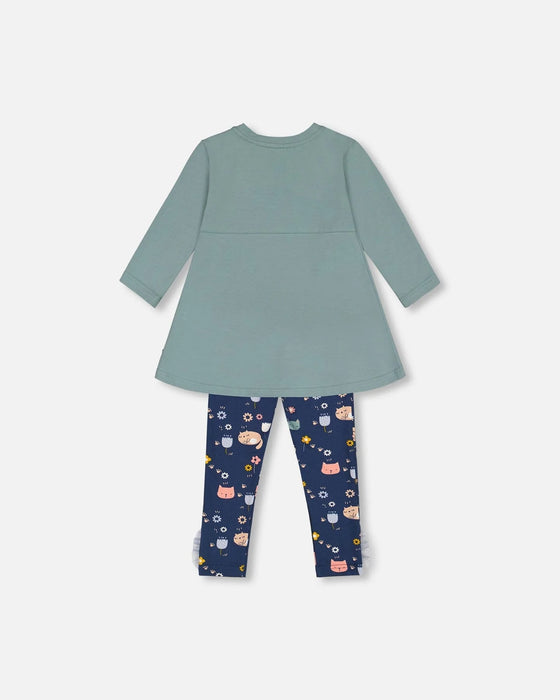 Sage Green & Navy Cats Organic Cotton Tunic & Leggings