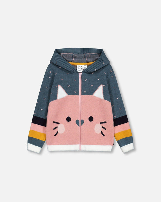 Cat Face Knitted Full Zip Hooded Sweater