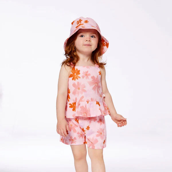 Pink & Coral Flowers Tank Top & Shorts Muslin Set