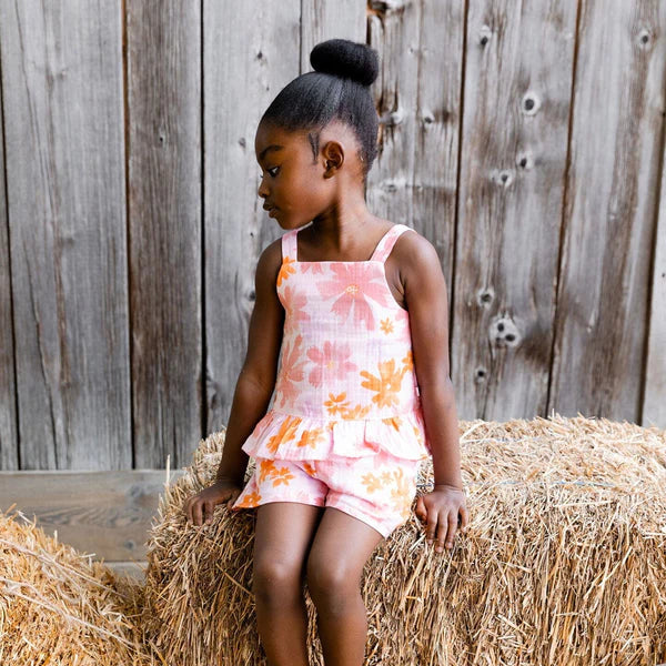 Pink & Coral Flowers Tank Top & Shorts Muslin Set