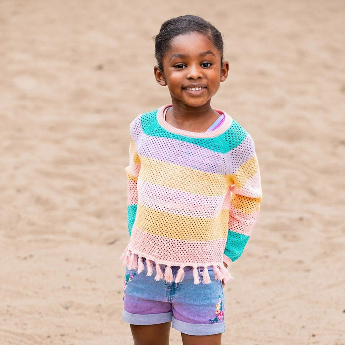 Tropical Rainbow Cotton Sweater with Fringe