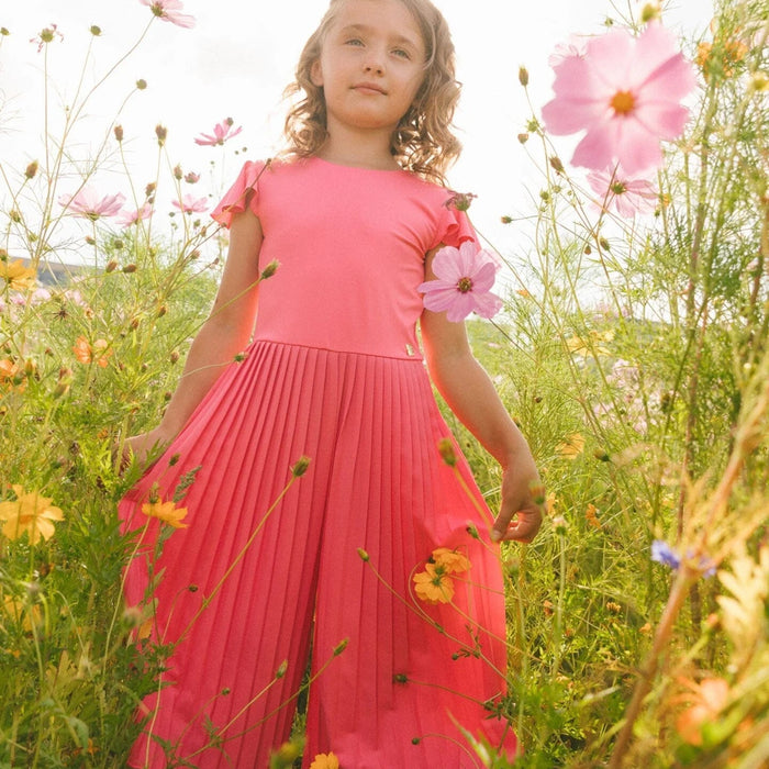 Azalea Pink Bi-Material Pleated Wide Leg Jumpsuit