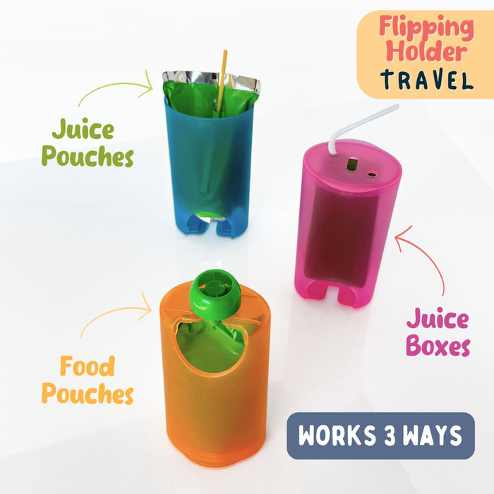 Flipping Holder TRAVEL - food pouch and juice box holder, fits cup holders - Nature Baby Outfitter