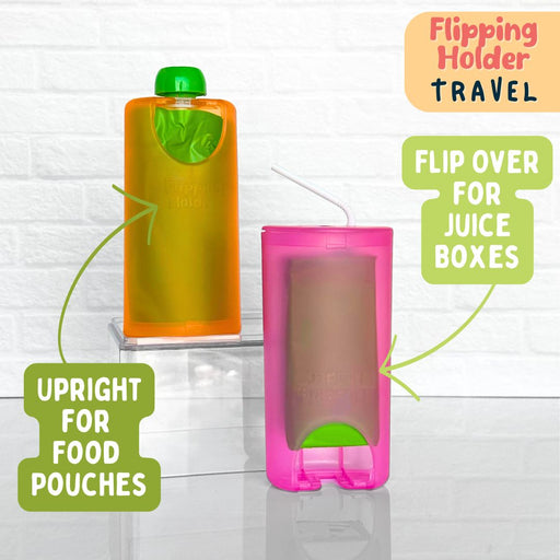 Flipping Holder TRAVEL - food pouch and juice box holder, fits cup holders - Nature Baby Outfitter