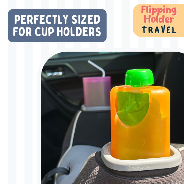 Flipping Holder TRAVEL - food pouch and juice box holder, fits cup holders - Nature Baby Outfitter