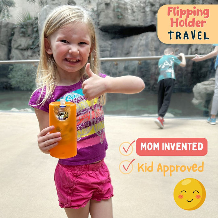 Flipping Holder TRAVEL - food pouch and juice box holder, fits cup holders - Nature Baby Outfitter