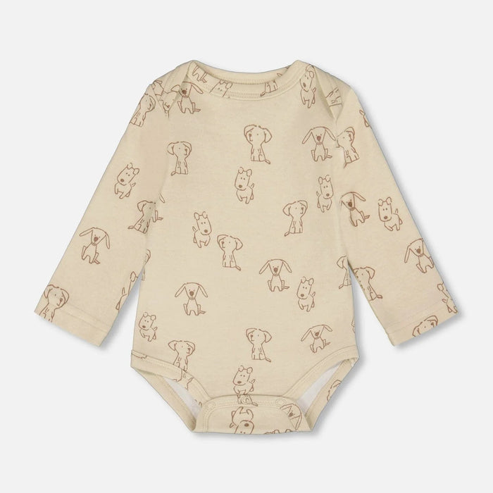 Dog Print Beige Organic Cotton Long Sleeve Bodysuit