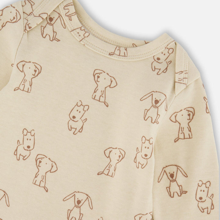 Dog Print Beige Organic Cotton Long Sleeve Bodysuit