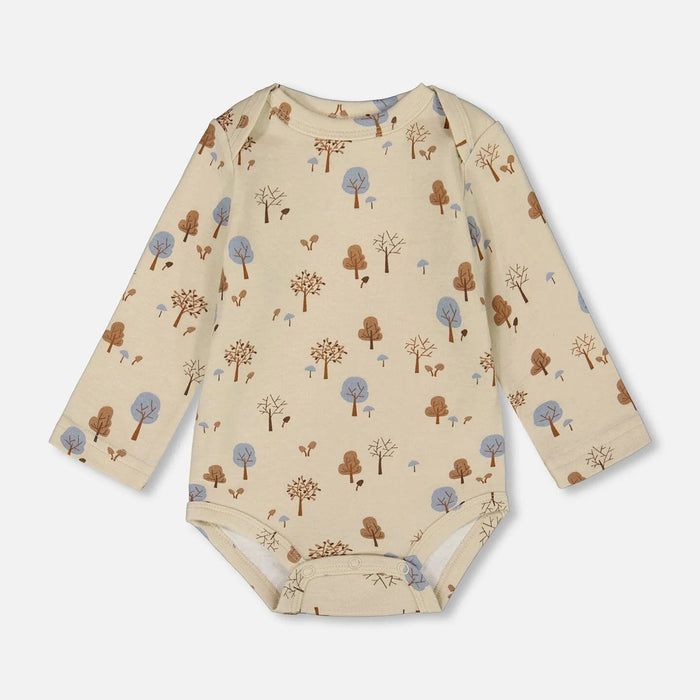 Tree Print Beige Organic Cotton Long Sleeve Bodysuit