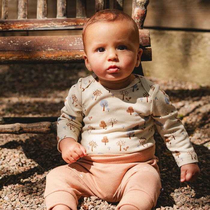 Tree Print Beige Organic Cotton Long Sleeve Bodysuit