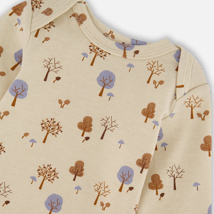 Tree Print Beige Organic Cotton Long Sleeve Bodysuit