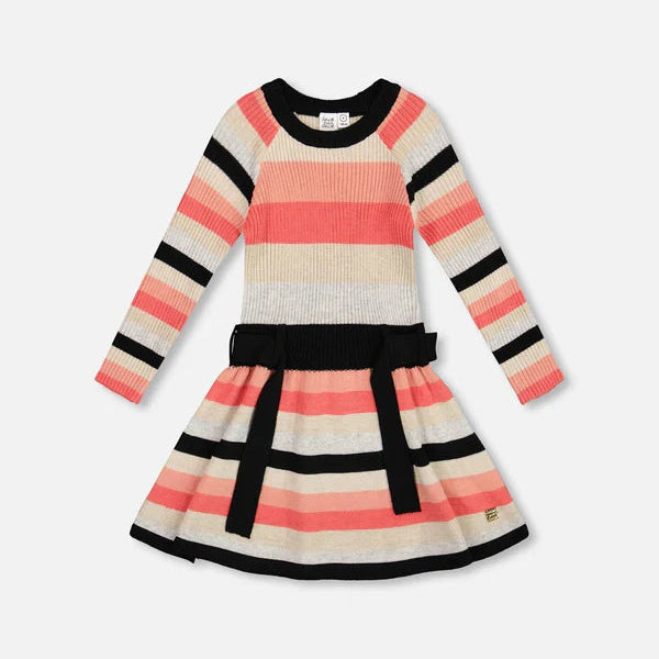 Beige/Black/Pink Striped Knit Dress