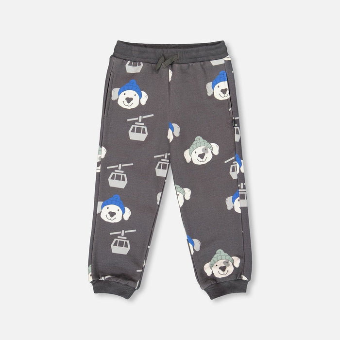 Gray Dog Print Fleece Sweatpants
