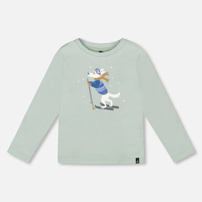 Green Skiing Dog Long Sleeve Top