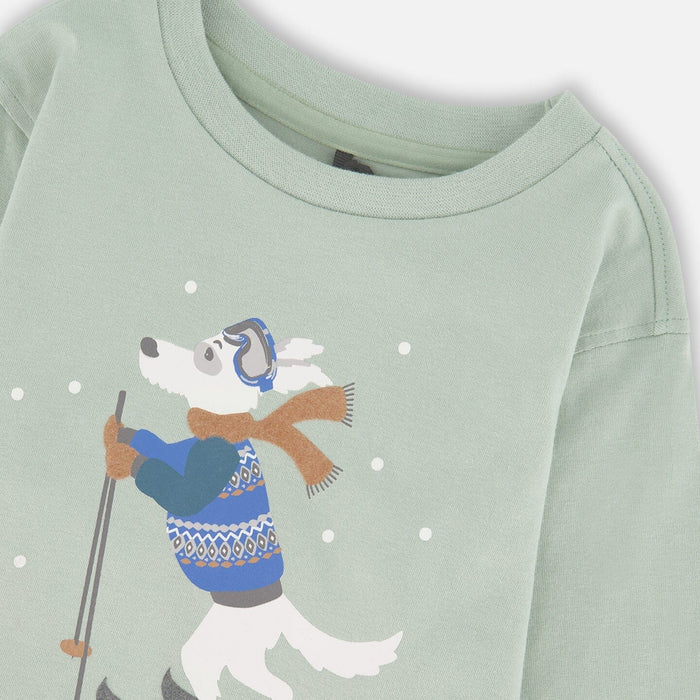 Green Skiing Dog Long Sleeve Top