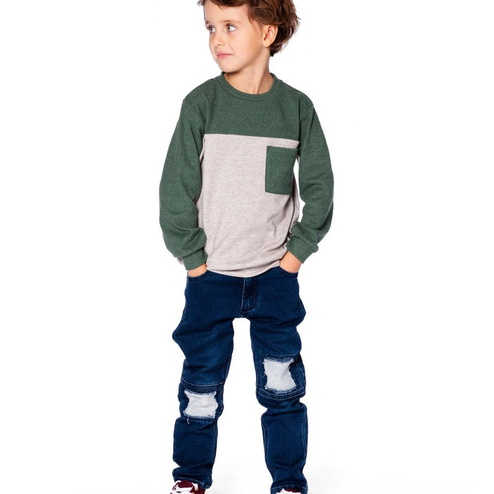 Oatmeal Beige Color Block Brushed Jersey Long Sleeve Top