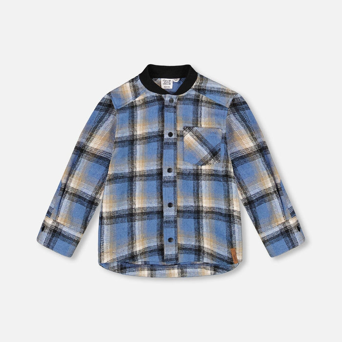 Blue & Black Brushed Plaid Button Down Top with Rib Collar